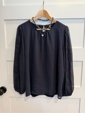 Ann Taylor Navy Long-Sleeve Lace-Panel Blouse